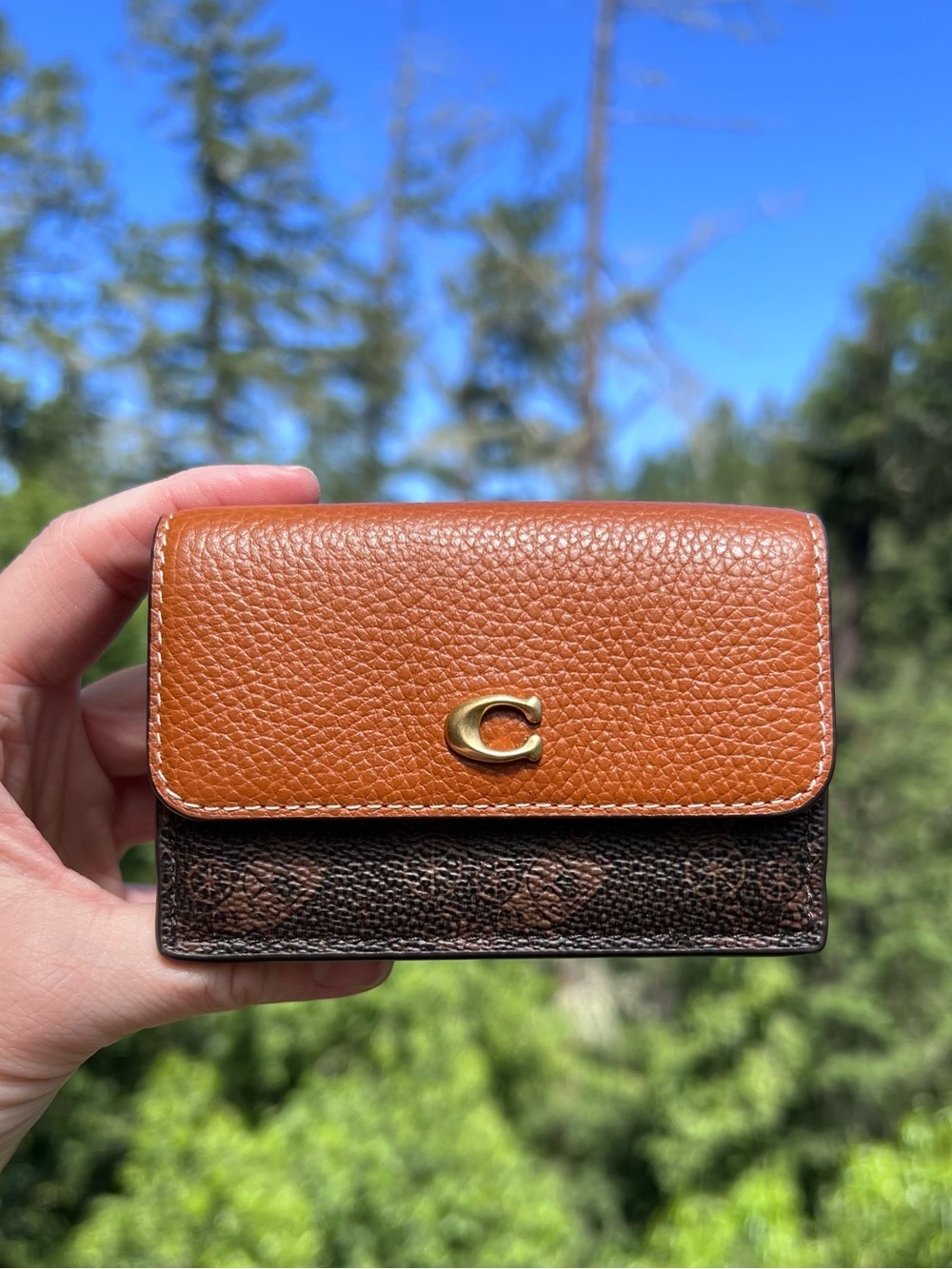 COACH Card Wallet Mini Trifold Wallet Brown Signature Canvas Logo AUTHENTIC